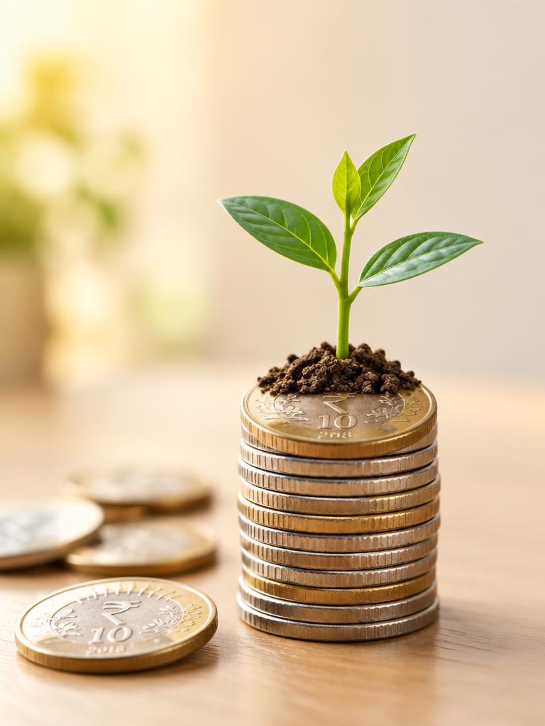 Seedling growing from a stack of rupee coins