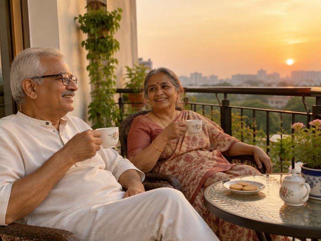 Retired couple enjoying tea on a balcony